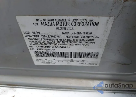 2010 Mazda Mazda6 I Sport z USA, uszkodzony, nr VIN 1YVHZ8BH9A5M48231